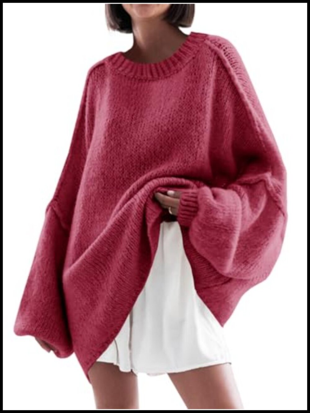 Oversized Crew Neck Tunic Sweater Women Lantern Sleeve Chunky Knit Pullover